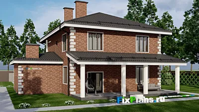 Проект двухэтажного дома 14 на 17, площадью 280 м² с террасой, балконом, гаражом на 1 машину и 4 спальнями — фасад 2