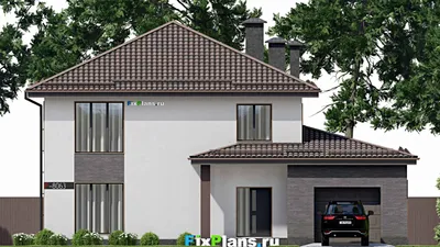 Проект двухэтажного дома 13 на 16, площадью 250 м² с террасой, гаражом на 1 машину и 4 спальнями — фасад 3