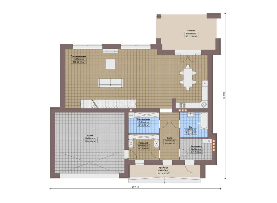 Проект двухэтажного дома 17 на 18, площадью 340 м² с террасой, балконом, гаражом на 2 машины и 3 спальнями — 1-й этаж