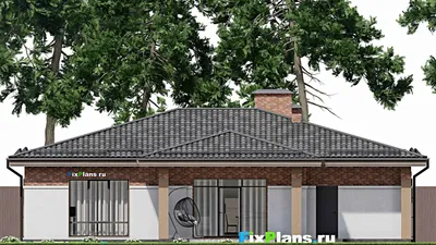 Проект одноэтажного дома 13 на 16, площадью 170 м² с террасой, гаражом на 1 машину и 3 спальнями — фасад 6