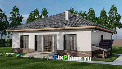 Проект одноэтажного дома 14 на 16, площадью 210 м² с террасой, цокольным этажом и 4 спальнями — фасад 2
