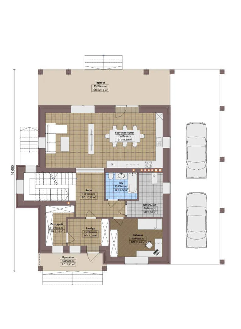 Проект двухэтажного дома 13 на 17, площадью 270 м² с террасой, балконом и 3 спальнями — 1-й этаж