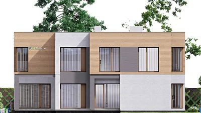 Проект двухэтажного дома 17 на 24, площадью 340 м² с террасой, гаражом на 2 машины и 3 спальнями — фасад 5