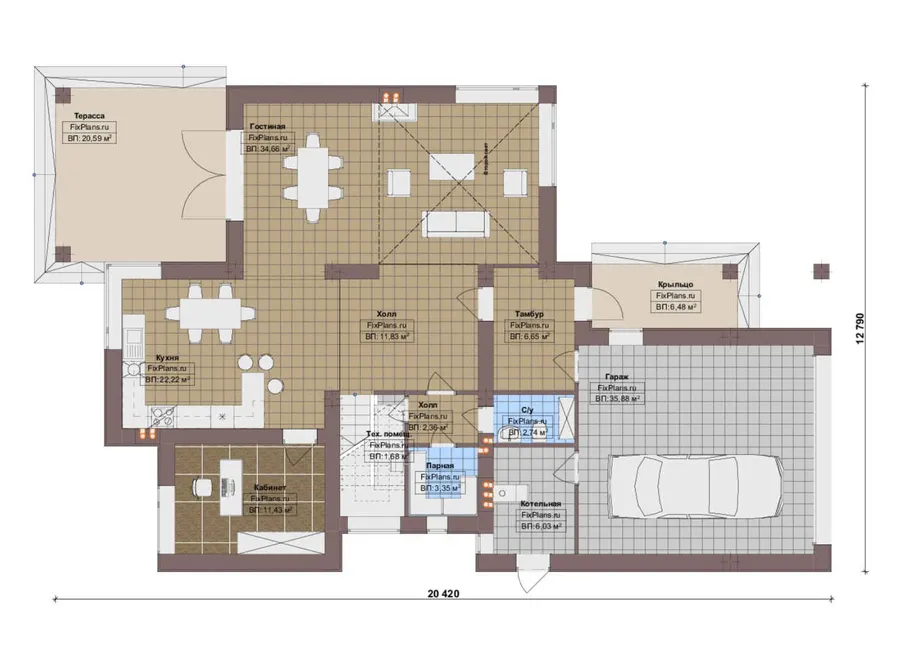 Проект двухэтажного дома 13 на 21, площадью 280 м² с террасой, балконом, баней, гаражом на 2 машины и 3 спальнями — 1-й этаж