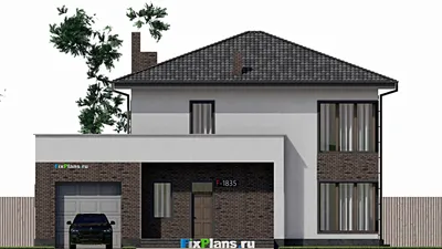 Проект двухэтажного дома 12 на 16, площадью 270 м² с террасой, балконом, гаражом на 1 машину и 4 спальнями — фасад 3