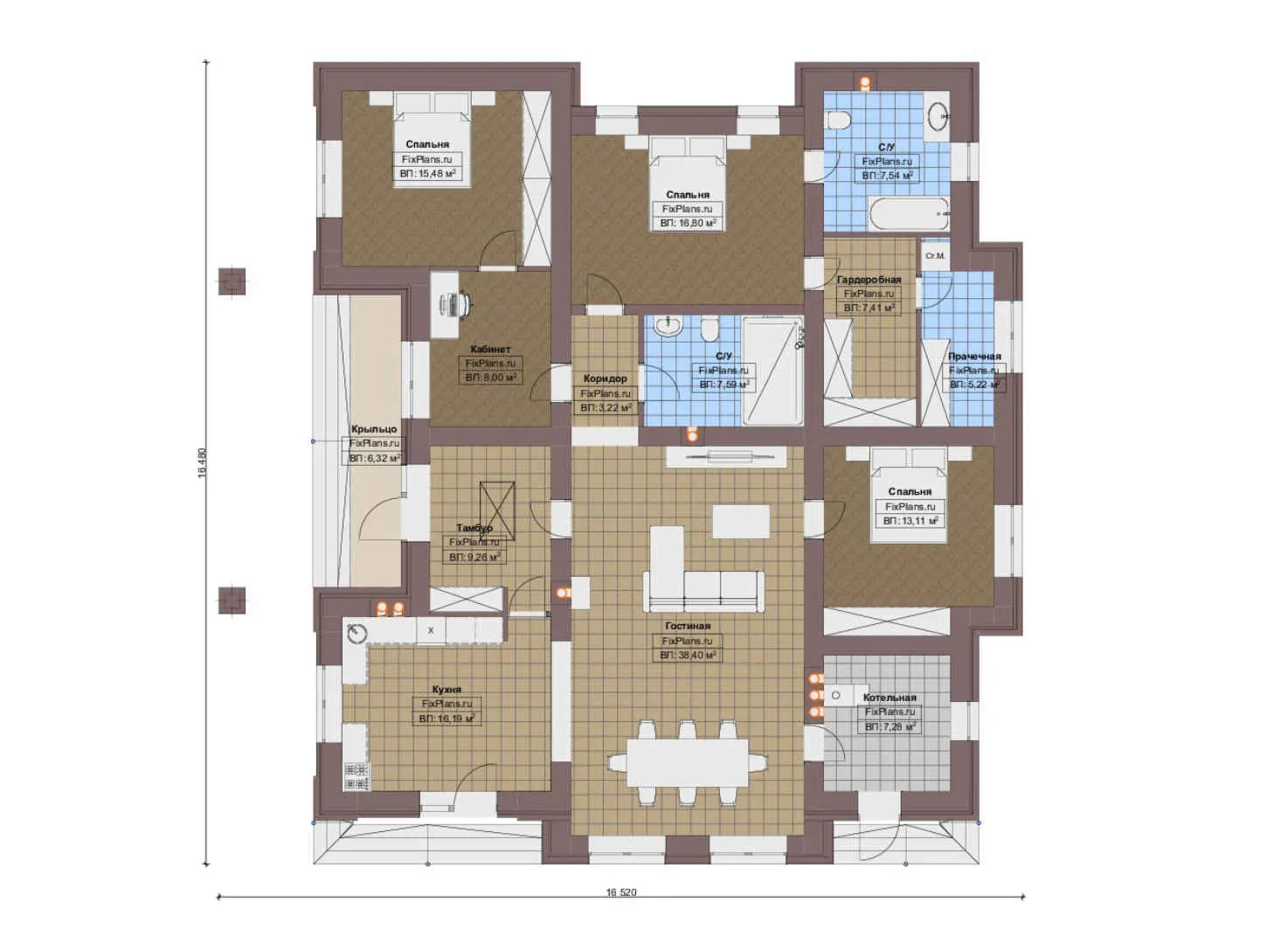 F-18017 - План одноэтажного дома 17 на 17, площадью 170 м² с 3 спальнями