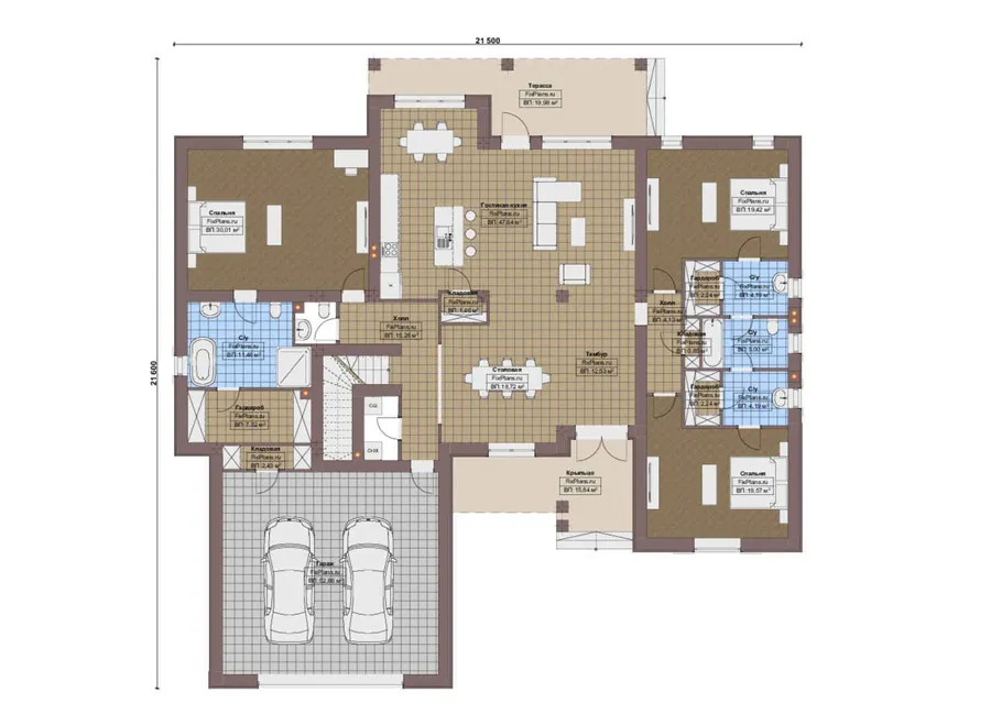 Проект дома с мансардой 22 на 22, площадью 340 м² с террасой, гаражом на 2 машины и 4 спальнями — 1-й этаж