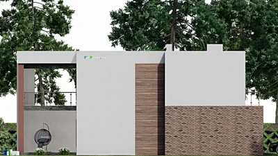 Проект двухэтажного дома 18 на 18, площадью 330 м² с террасой, балконом, гаражом на 2 машины и 3 спальнями — фасад 4