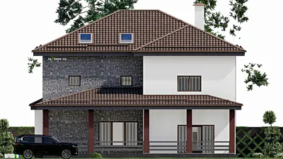 Проект двухэтажного дома 16 на 16, площадью 470 м² с террасой, балконом и 4 спальнями — фасад 5