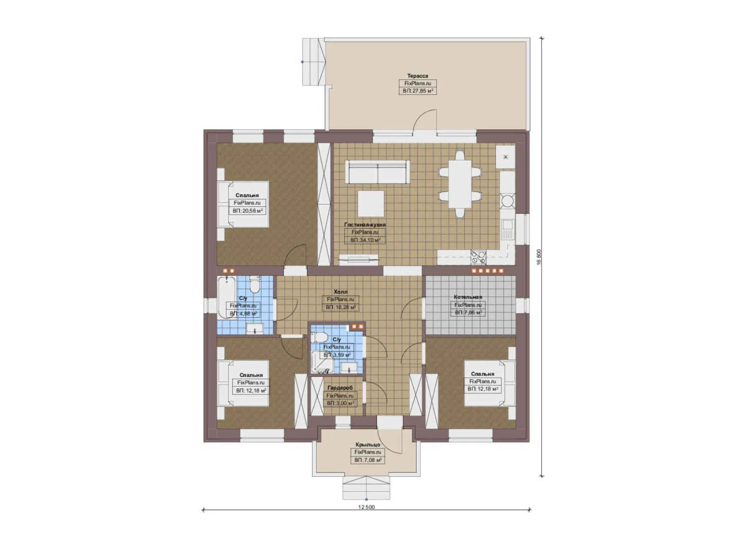F-14111 - План одноэтажного дома 13 на 17, площадью 160 м² с террасой и 3 спальнями