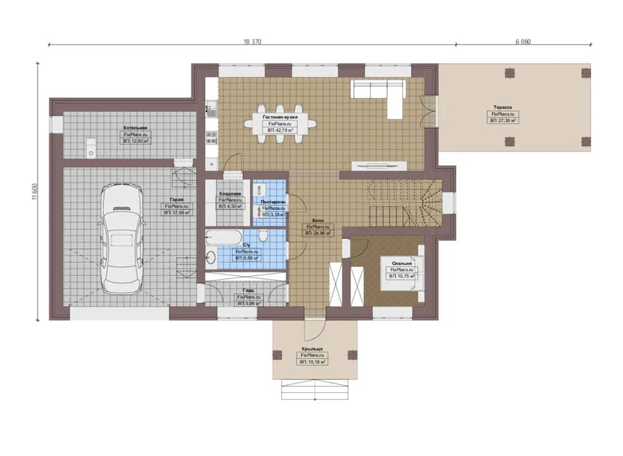 Проект двухэтажного дома 12 на 19, площадью 280 м² с террасой, гаражом на 2 машины и 4 спальнями — 1-й этаж