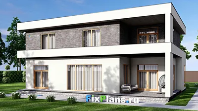 Проект двухэтажного дома 16 на 17, площадью 410 м² с террасой, балконом, гаражом на 2 машины и 4 спальнями — фасад 2