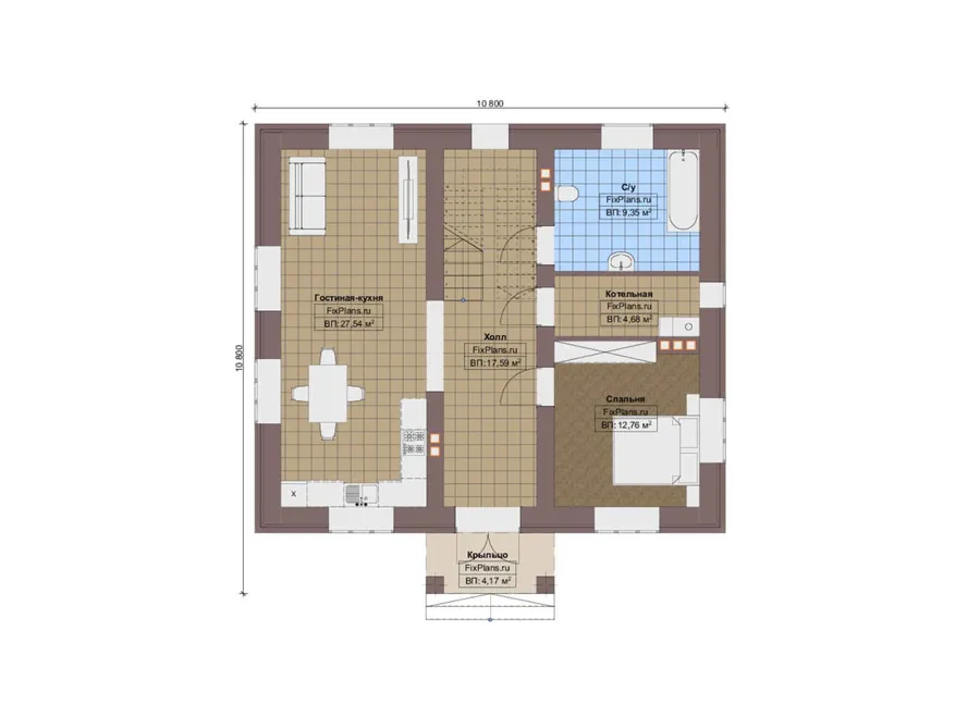 Проект двухэтажного дома 11 на 11, площадью 370 м² с террасой и 9 спальнями — 1-й этаж