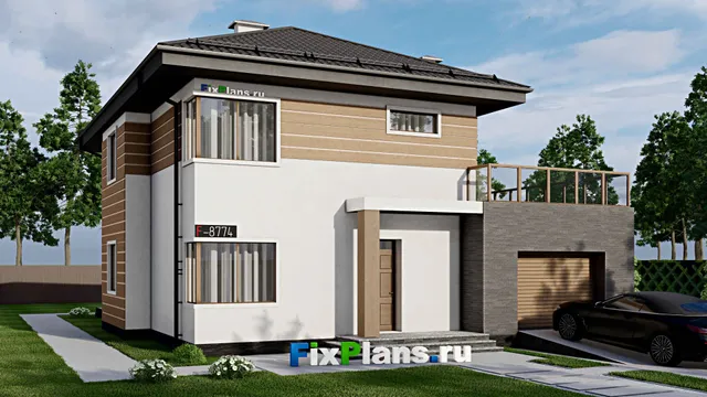 Проект двухэтажного дома 14 на 18, площадью 270 м² с террасой, балконом, гаражом на 1 машину и 4 спальнями