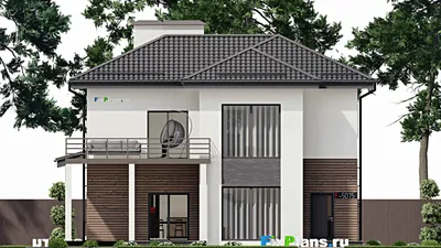 Проект двухэтажного дома 12 на 12, площадью 200 м² с террасой, балконом и 4 спальнями — фасад 3