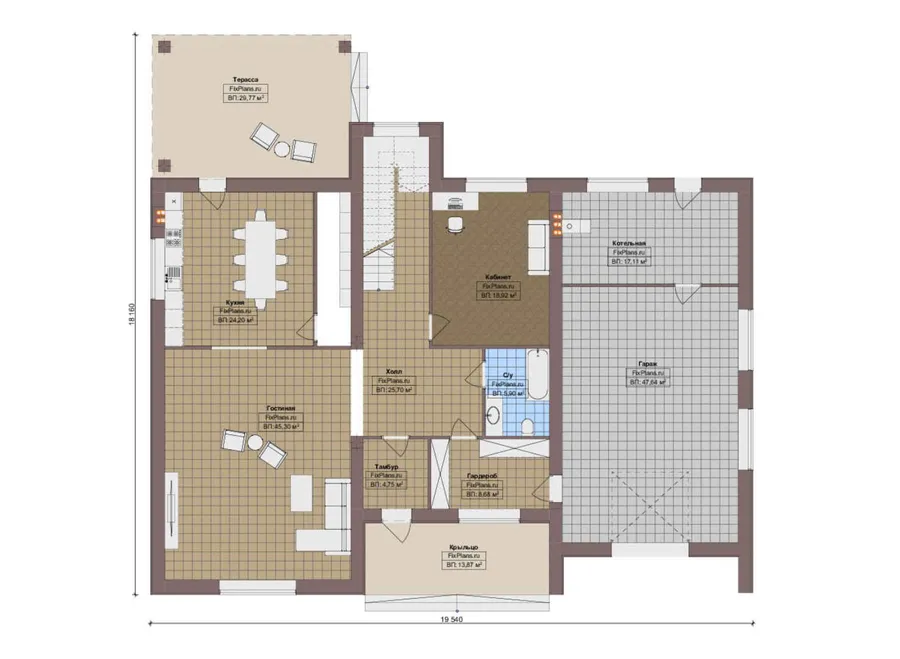 Проект двухэтажного дома 19 на 20, площадью 470 м² с 3 спальнями — 1-й этаж