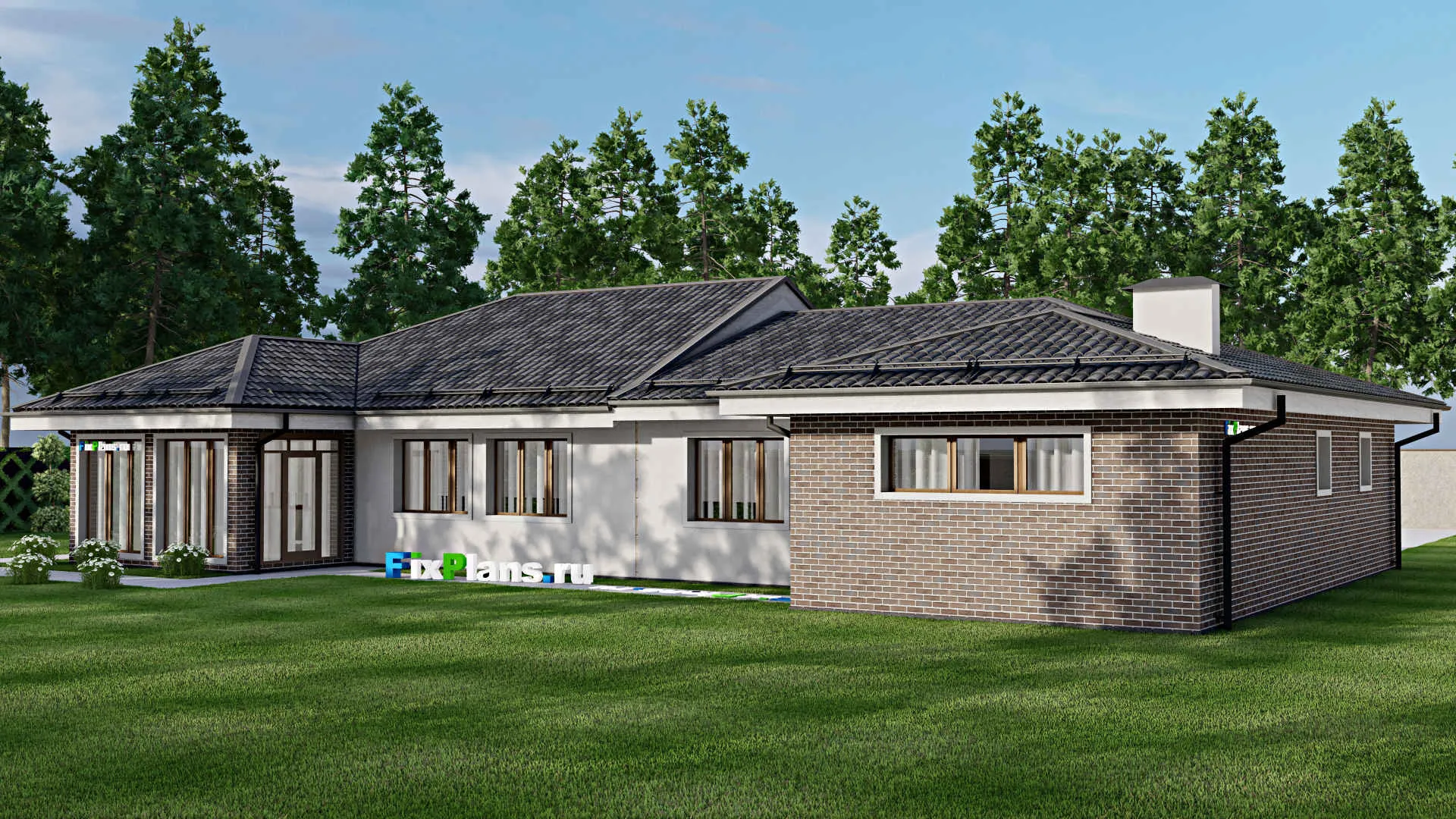 F-8477 - Проект одноэтажного дома 15 на 23, площадью 230 м² с террасой, гаражом на 2 машины и 3 спальнями