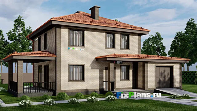 Проект двухэтажного дома 11 на 18, площадью 200 м² с террасой, гаражом на 1 машину и 3 спальнями