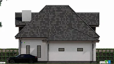 Проект дома с мансардой 12 на 16, площадью 190 м² с террасой, гаражом на 1 машину и 2 спальнями — фасад 5