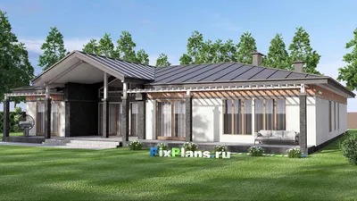 Проект одноэтажного дома 23 на 25, площадью 410 м² с террасой, баней, гаражом на 2 машины и 3 спальнями — фасад 2