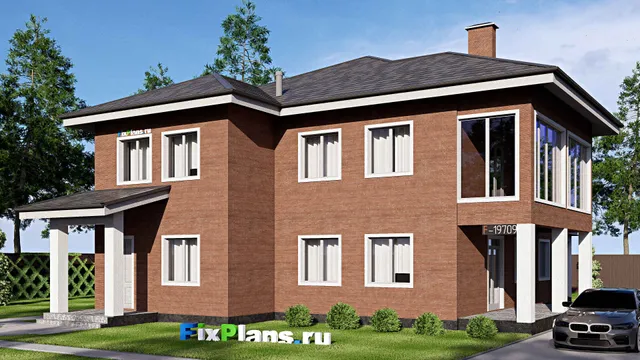 Проект двухэтажного дома 15 на 19, площадью 340 м² с террасой, балконом и 4 спальнями