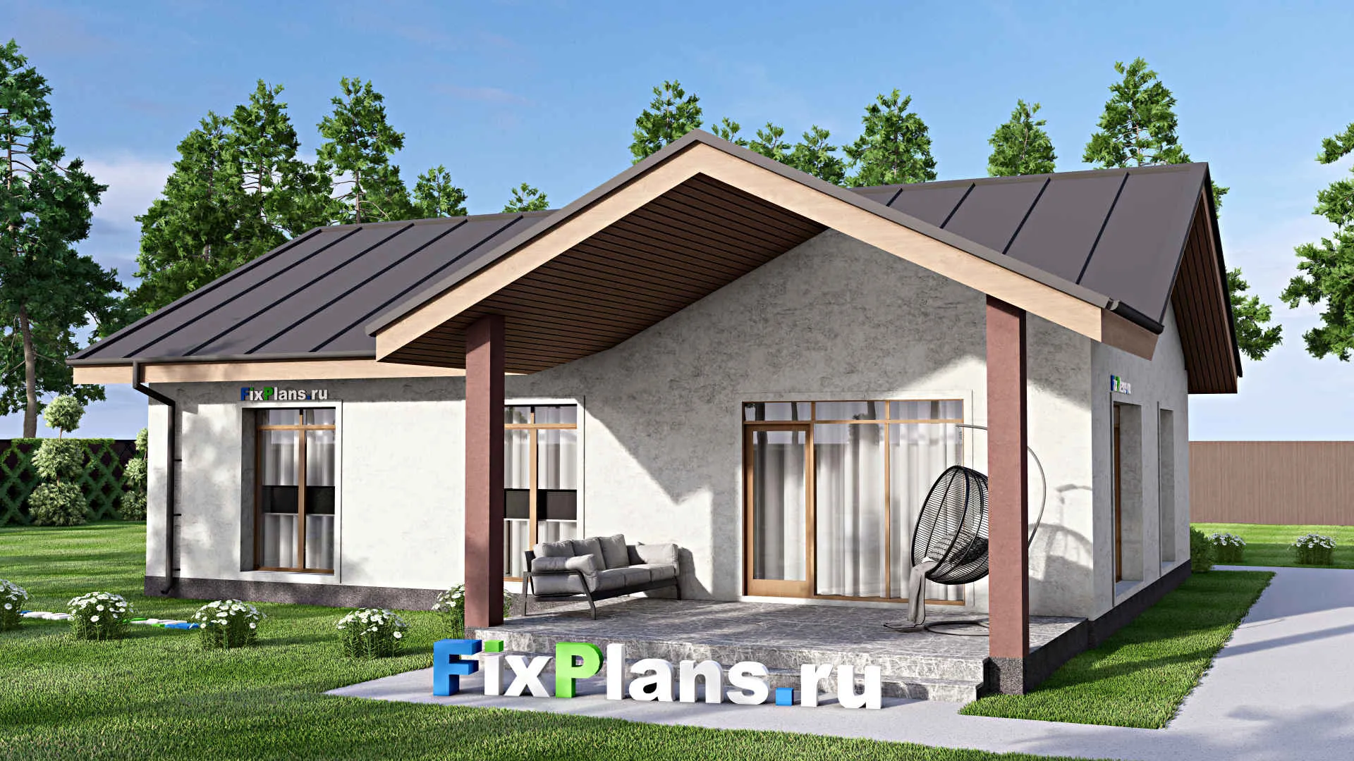 F-13229 - Проект одноэтажного дома 14 на 15, площадью 130 м² с террасой и 3 спальнями