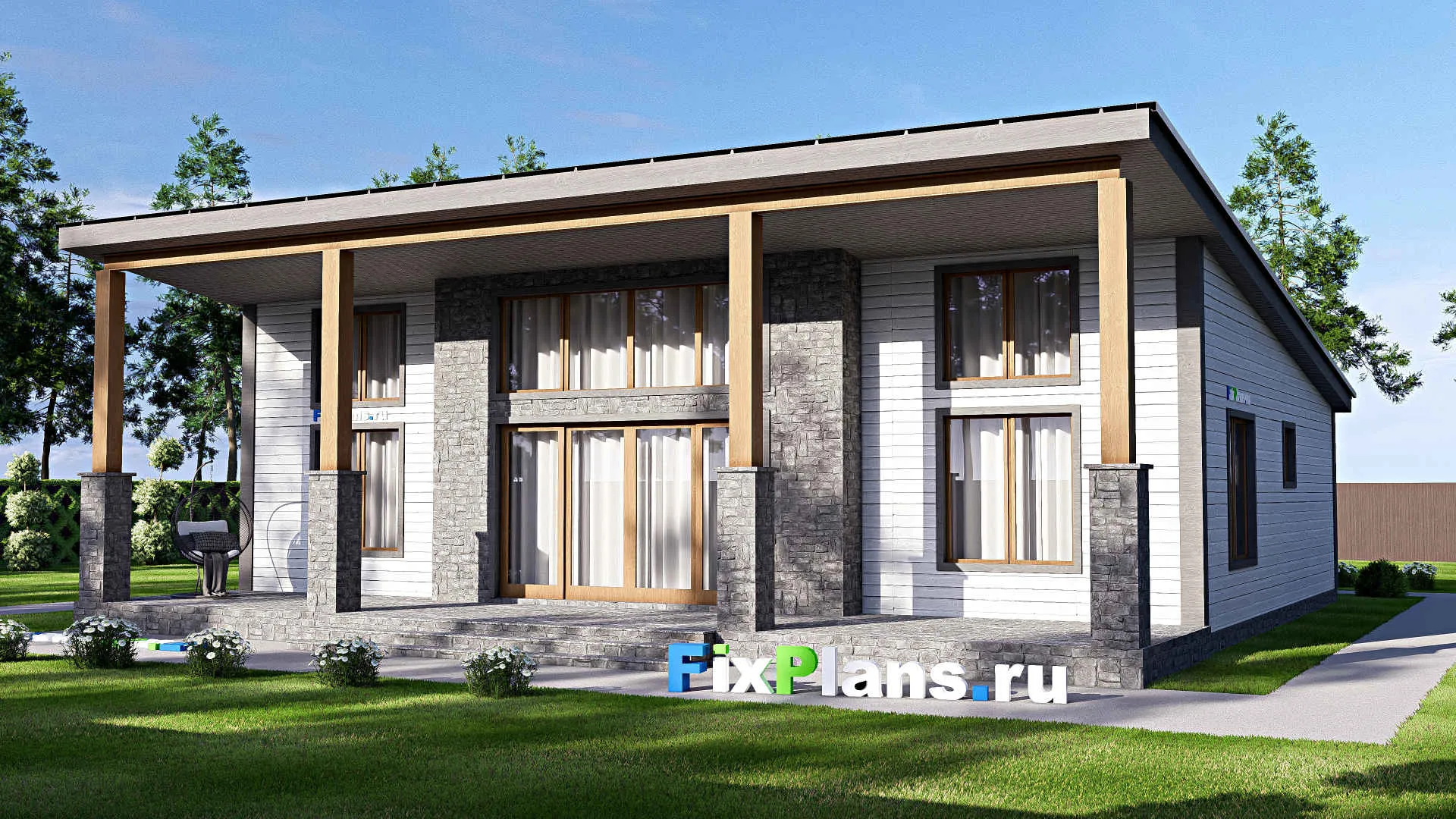 F-17180 - Проект одноэтажного дома 16 на 18, площадью 230 м² с террасой и 3 спальнями