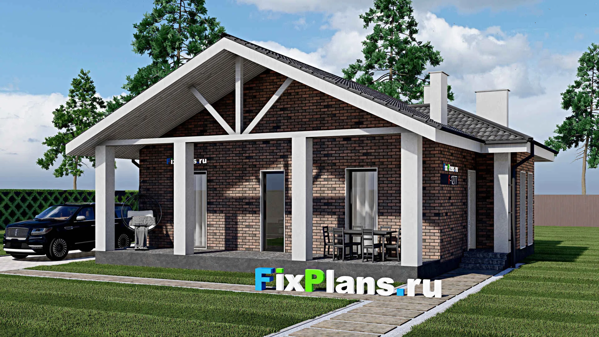 F-1277 - Проект одноэтажного дома 11 на 12, площадью 120 м² с террасой и 3 спальнями