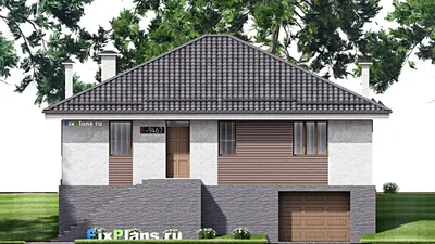 Проект двухэтажного дома 13 на 16, площадью 260 м² с террасой, цокольным этажом, гаражом на 1 машину и 3 спальнями — фасад 3