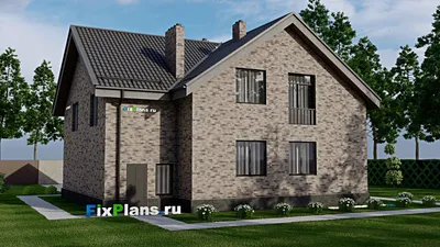 Проект дома с мансардой 13 на 14, площадью 250 м² с террасой, балконом, гаражом на 1 машину, спортзалом и 4 спальнями — фасад 2