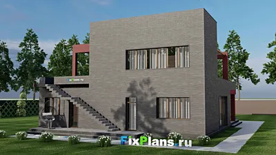 Проект двухэтажного дома 14 на 16, площадью 350 м² с террасой, балконом, баней, гаражом на 1 машину и 5 спальнями — фасад 2