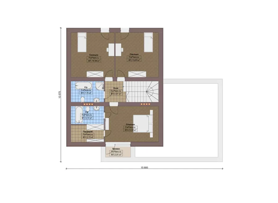 Проект дома с мансардой 16 на 18, площадью 290 м² с террасой, балконом, гаражом на 1 машину и 4 спальнями — 2-й этаж