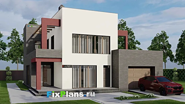 Проект двухэтажного дома 14 на 16, площадью 350 м² с террасой, балконом, баней, гаражом на 1 машину и 5 спальнями