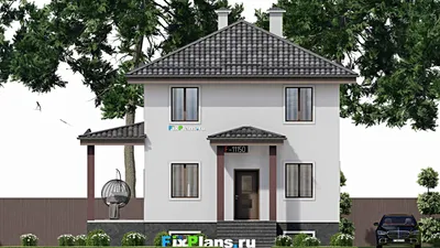Проект двухэтажного дома 11 на 11, площадью 190 м² с террасой, цокольным этажом и 5 спальнями — фасад 3