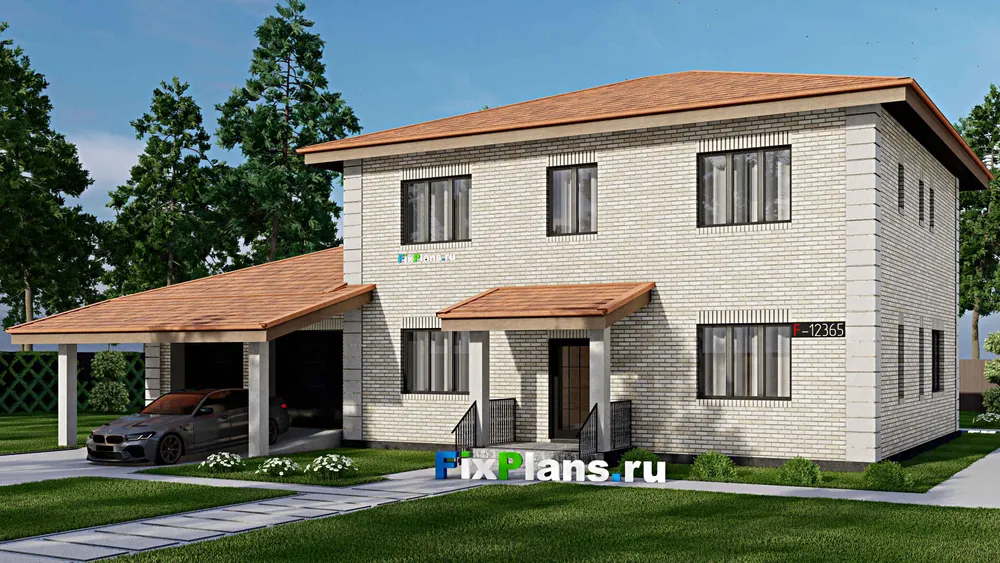 Проект двухэтажного дома 15 на 19, площадью 260 м² с террасой, гаражом на 1 машину и 4 спальнями — фасад 1