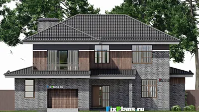 Проект двухэтажного дома 17 на 18, площадью 270 м² с террасой, балконом, гаражом на 2 машины и 3 спальнями — фасад 3
