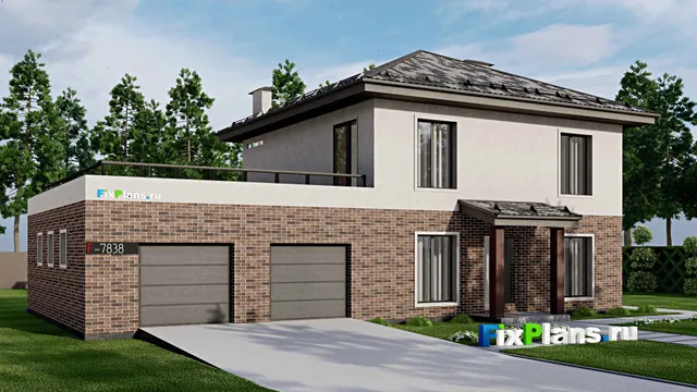 Проект двухэтажного дома 11 на 19, площадью 350 м² с террасой, балконом, гаражом на 2 машины и 4 спальнями