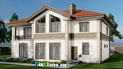 Проект двухэтажного дома 15 на 18, площадью 330 м² с террасой, балконом и 5 спальнями — фасад 2