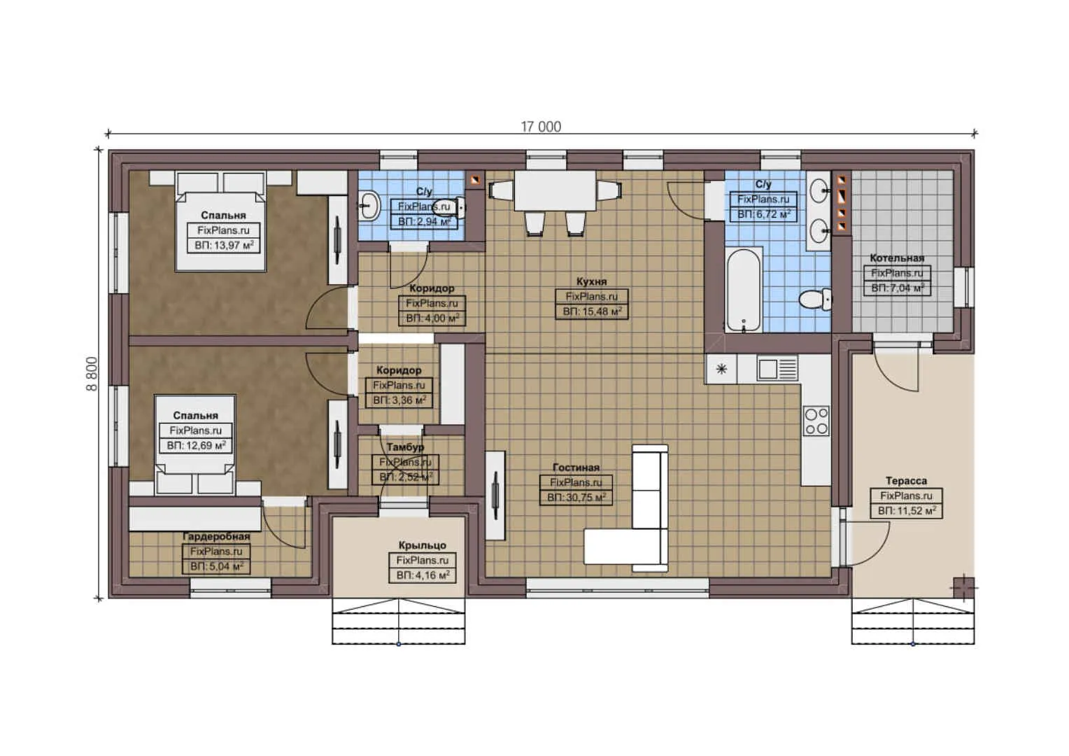 F-0989 - План одноэтажного дома 9 на 17, площадью 120 м² с террасой и 2 спальнями