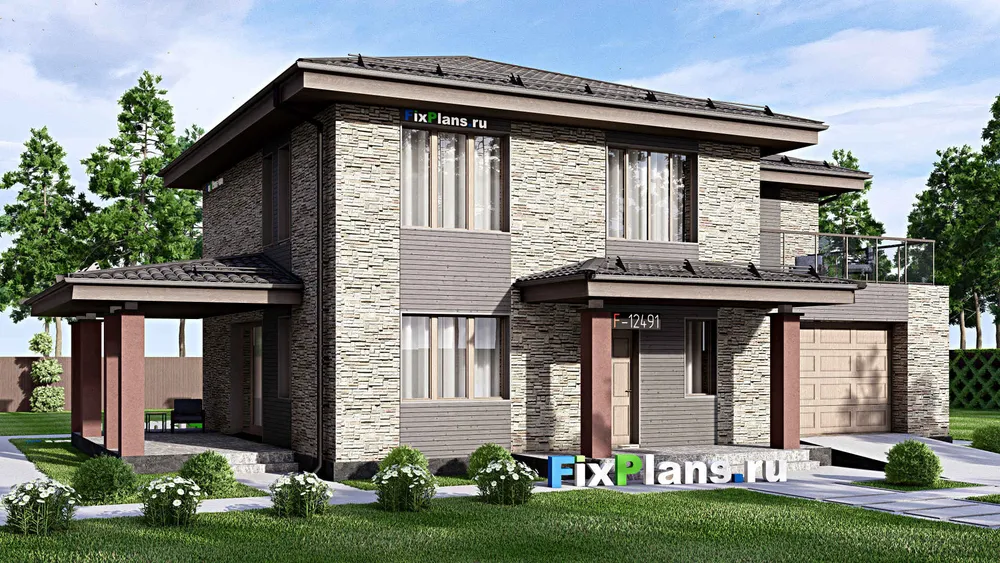 Проект двухэтажного дома 12 на 18, площадью 260 м² с террасой, балконом, гаражом на 1 машину и 3 спальнями — фасад 1