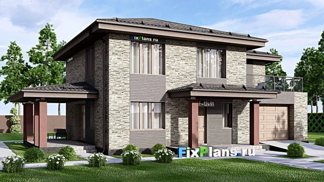 Проект двухэтажного дома 12 на 18, площадью 260 м² с террасой, балконом, гаражом на 1 машину и 3 спальнями