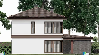 Проект двухэтажного дома 15 на 18, площадью 310 м² с террасой, баней, гаражом на 2 машины и 2 спальнями — фасад 4