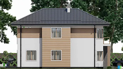 Проект двухэтажного дома 14 на 18, площадью 270 м² с террасой, балконом, гаражом на 1 машину и 4 спальнями — фасад 4