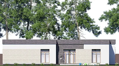 Проект одноэтажного дома 23 на 23, площадью 400 м² с террасой, гаражом на 2 машины и 3 спальнями — фасад 6
