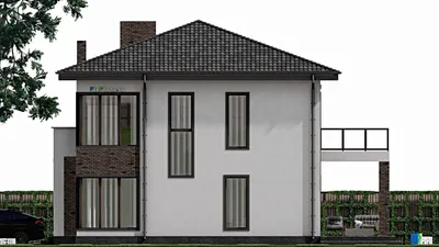 Проект двухэтажного дома 12 на 16, площадью 270 м² с террасой, балконом, гаражом на 1 машину и 4 спальнями — фасад 5