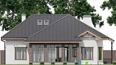 Проект дома с мансардой 18 на 18, площадью 340 м² с террасой, цокольным этажом и 3 спальнями — фасад 6