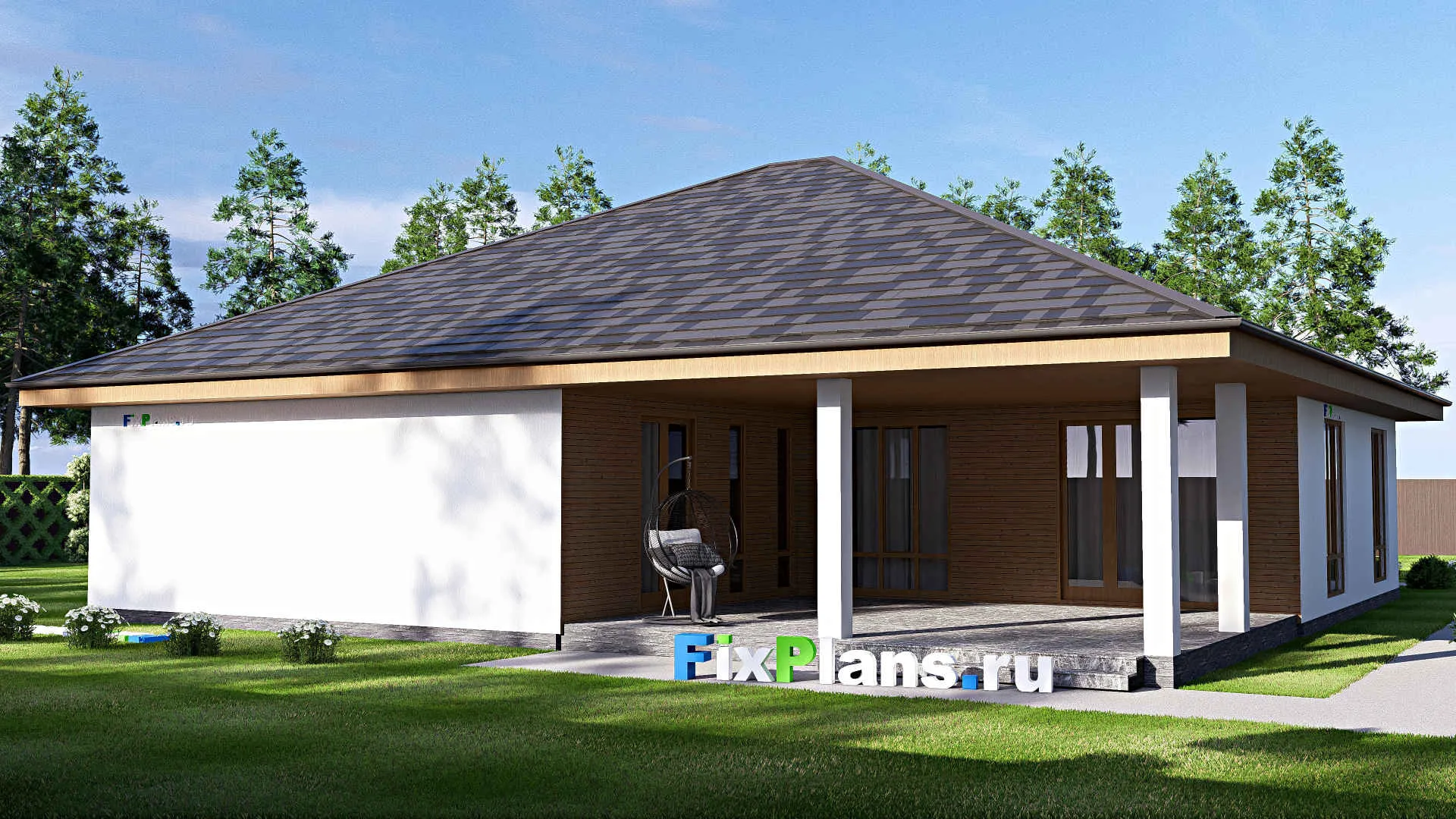 F-19250 - Проект одноэтажного дома 17 на 23, площадью 260 м² с террасой, гаражом на 2 машины и 4 спальнями