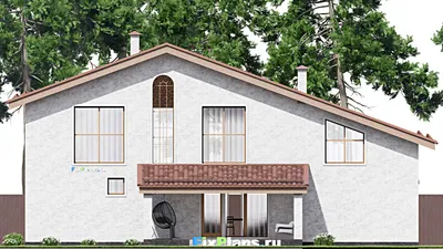 Проект дома с мансардой 12 на 18, площадью 230 м² с террасой, балконом, гаражом на 1 машину и 4 спальнями — фасад 6