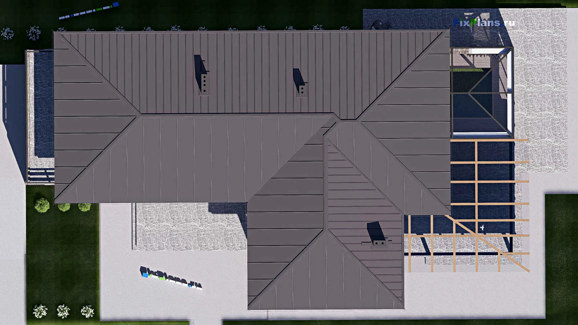 F-18899 - Проект двухэтажного дома 19 на 35, площадью 610 м² с террасой, балконом, гаражом на 2 машины, бассейном и 4 спальнями