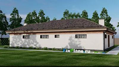 Проект одноэтажного дома 16 на 21, площадью 190 м² с террасой, баней, бассейном и 2 спальнями — фасад 2